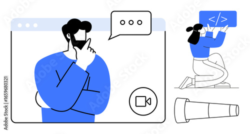 Man contemplating with chat bubble in browser window, woman coding on screen, and telescope icon. Ideal for brainstorming, coding, teamwork, tech support, communication, remote work simple landing