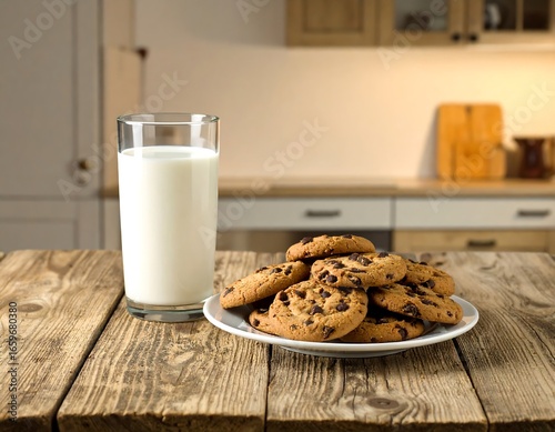 Cookies and Milk on a Wooden Table in a Kitchen