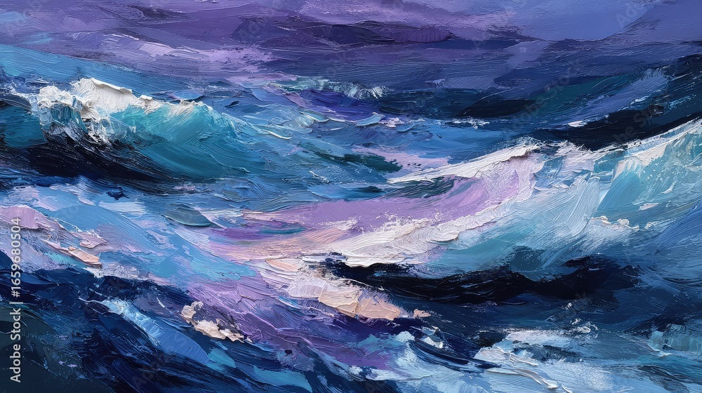 Fototapeta premium Abstract Oil Painting of a Stormy Sea with Dynamic Waves and Rich Textures in Shades of Blue, Purple, and White Capturing the Essence of Ocean Energy