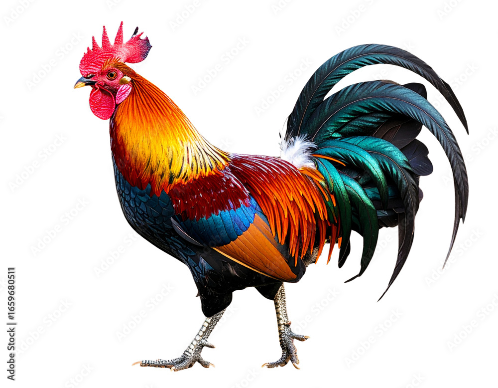 Fototapeta premium Rooster in Dynamic Walking Pose with Flowing Tail Feathers, Isolated on Black Background PNG