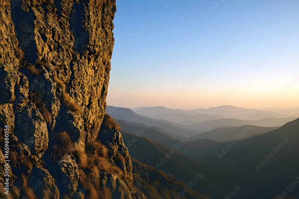 custom made wallpaper toronto digitalRocky cliff with mountain valley view at golden sunset light
