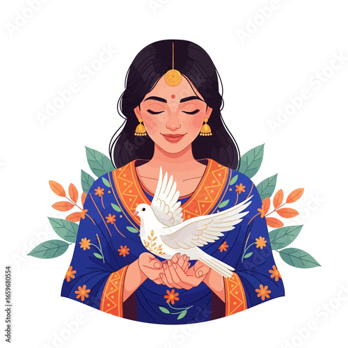 Serene Woman in Traditional Attire Holding a Dove