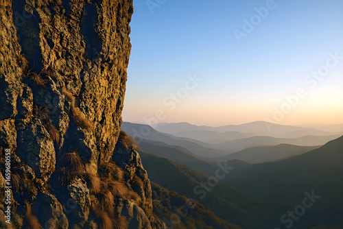 Wallpaper Mural Rocky cliff with mountain valley view at golden sunset light Torontodigital.ca