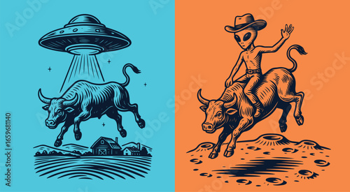 Alien Cowboy Comic with UFO and Bull Vector Illustration