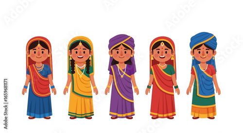 Five Indian Women in Traditional Attire A Colorful and Cultural Illustration