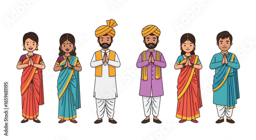Diverse group of Indian people in traditional clothing making the Namaste welcome gesture