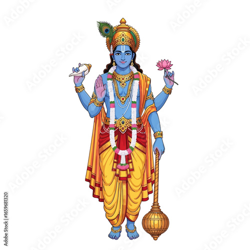 Sacred vector illustration of the four-armed Hindu god Vishnu holding a conch, lotus, and mace.