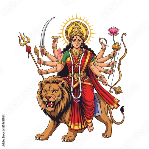 Illustration of Durga Riding a Lion A Symbol of Divine Feminine Power