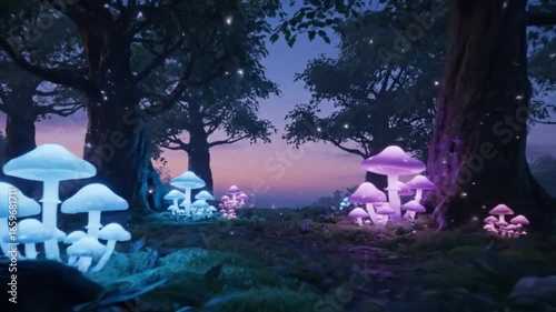 Illuminated mushrooms in a mystical forest at dusk.