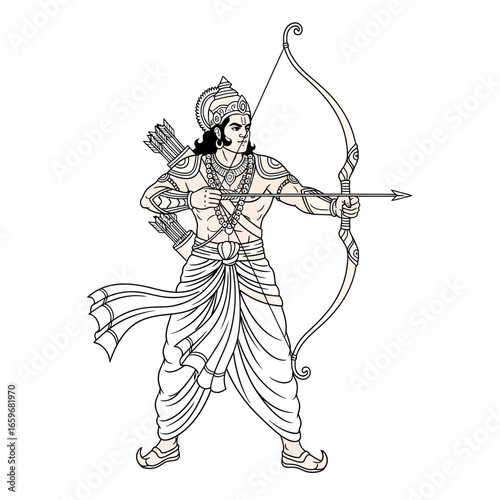 Noble warrior figure, an ancient mythological hero, poised with a traditional bow and arrow, symbolizing courage, duty, and divine power in spiritual art.