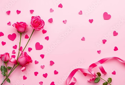 Pink Valentine's Day background with rose confetti hearts and ribbon, pastel, photo