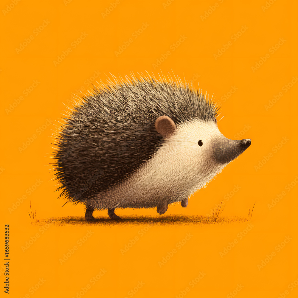 Fototapeta premium A cartoon hedgehog is standing on a yellow background