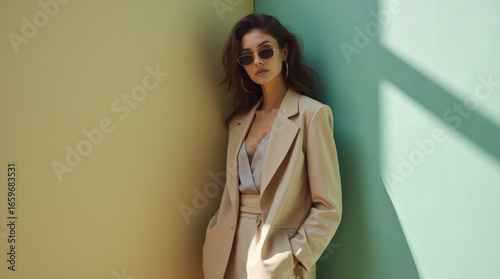 Stylish Fashion Portrait of Woman in Oversized Blazer - Studio Shot Against Pastel Wall with Professional Lighting