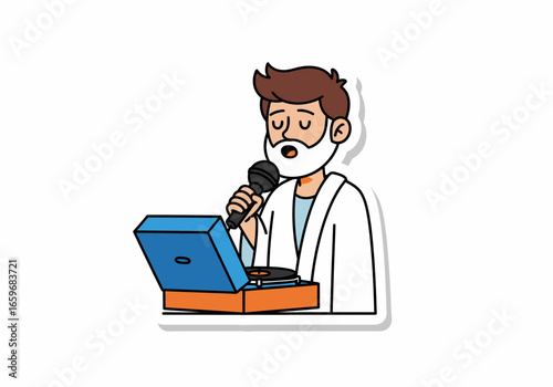Cartoon Man Singing with Microphone and Vinyl Record Player