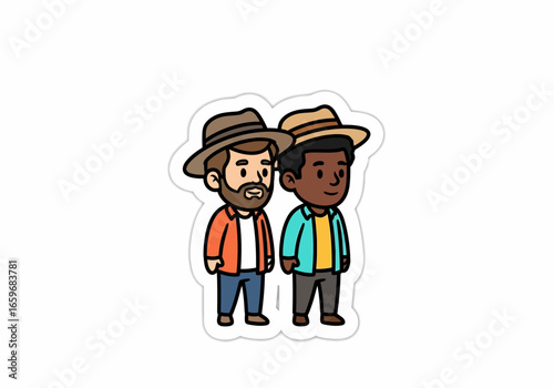 Cartoon Illustration of Two Men Wearing Hats, Diverse Friendship