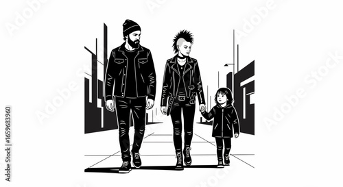 Punk Family Walking on City Street, Black and White Vector Illustration