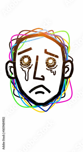 Illustration of a Crying Face with Wires Around the Head, Representing Emotional Overload and Stress