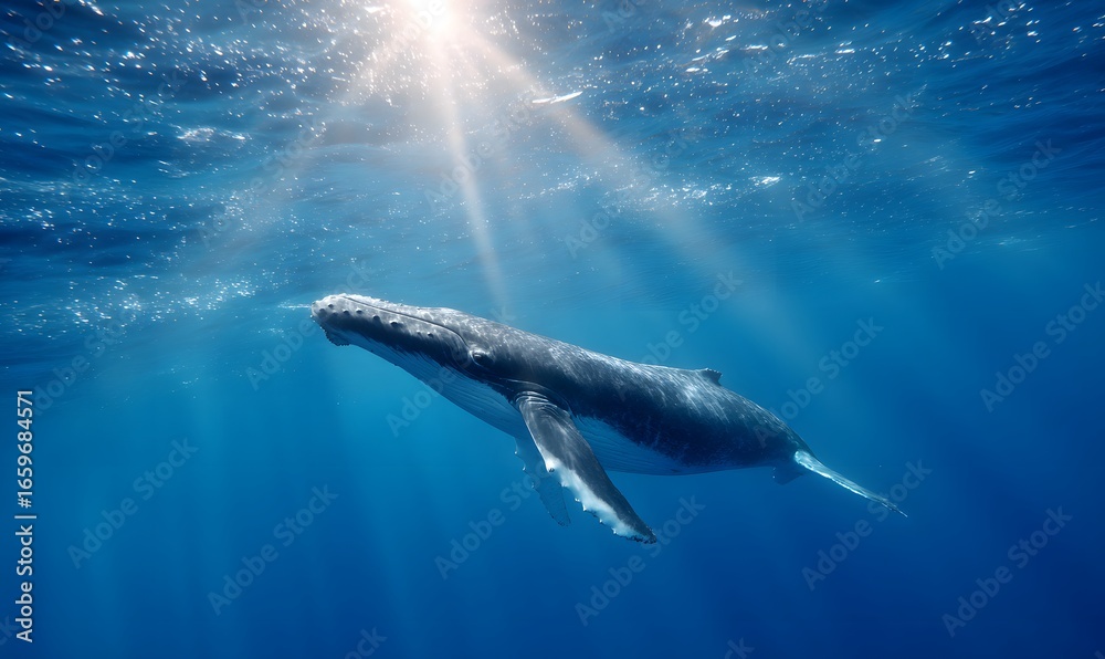 Fototapeta premium a blue whale deep under the water swimming on the deep