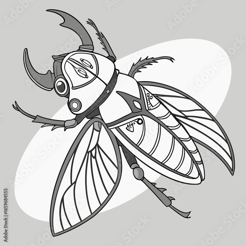 Illustration of a beetle with detailed exoskeleton and wings, showcasing its unique anatomy and design