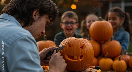 A person carves a pumpkin with a knife children watch in the background Pumpkins are on a table