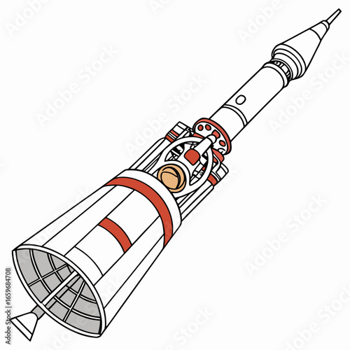 Illustration of a rocket ship with detailed components and design, showcasing its engineering and technology