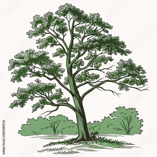 Illustration of a majestic tree with lush green foliage in a serene landscape, a timeless depiction of natures beauty