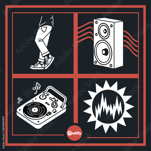 Vector art of a vibrant music party illustration featuring a dj turntable, speaker, dancing legs, and sun with sound waves