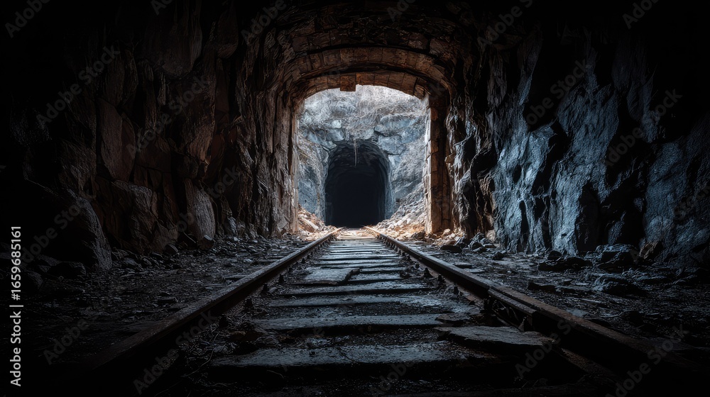 Obraz premium Dark and Mysterious Abandoned Mine Tunnel with Old Wooden Train Tracks Leading into Two Shadowy Openings in the Rocky Landscape