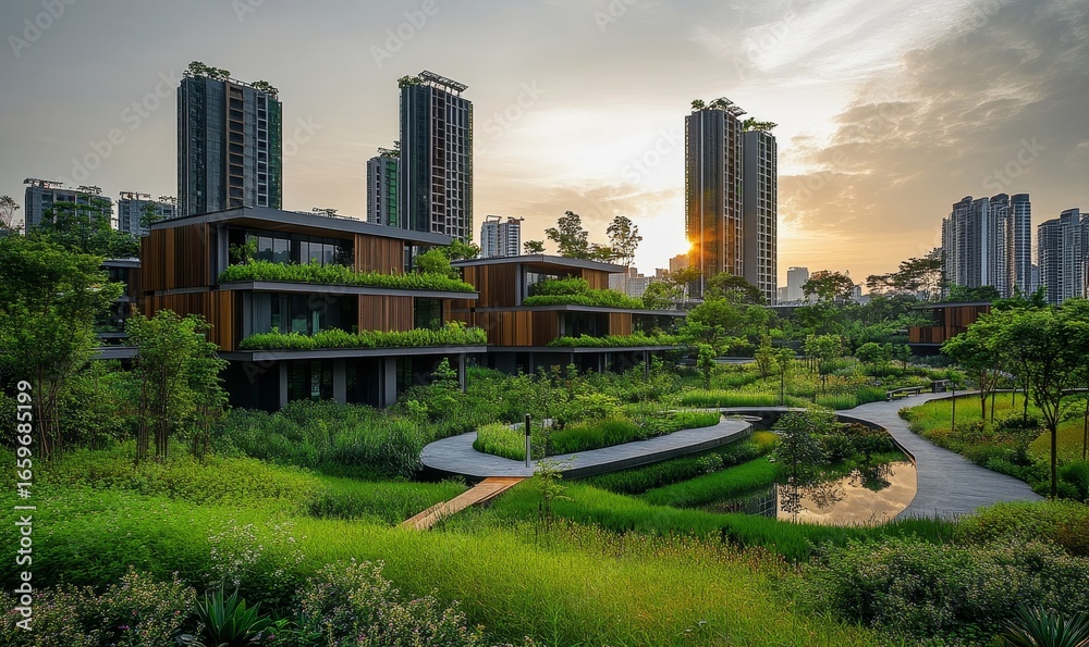 Fototapeta premium City dedicated to sustainable engineering and environmental responsibility, showcasing urban development through green engineering projects focused on renewable energy, Generative AI