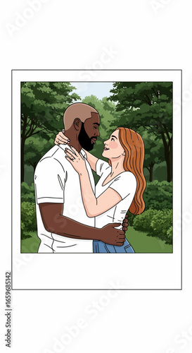 Interracial couple in love hugging in a park illustration, cartoon style