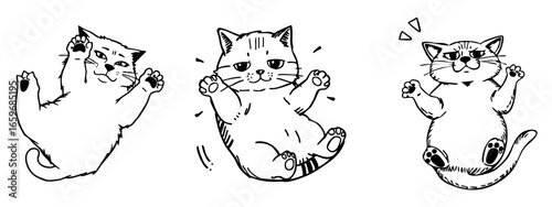 kucing-15Three black and white line art illustrations of cute and expressive cartoon cats in various playful poses