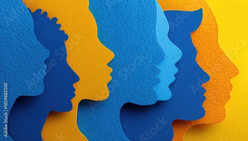 Colorful layered profile faces, diverse group, on a yellow backdrop, social inclusion concept