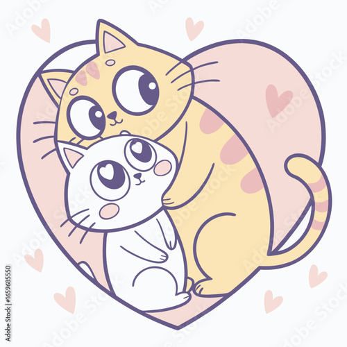 Vector art of two adorable cats cuddling inside a heart shape, a sweet illustration of love and friendship