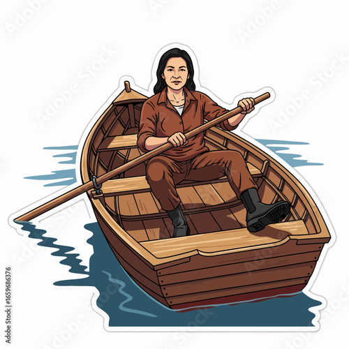 Woman Rowing a Wooden Boat Illustration