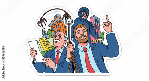 Illustration of a City Under Threat: Bankers, Burglar, and Demolition