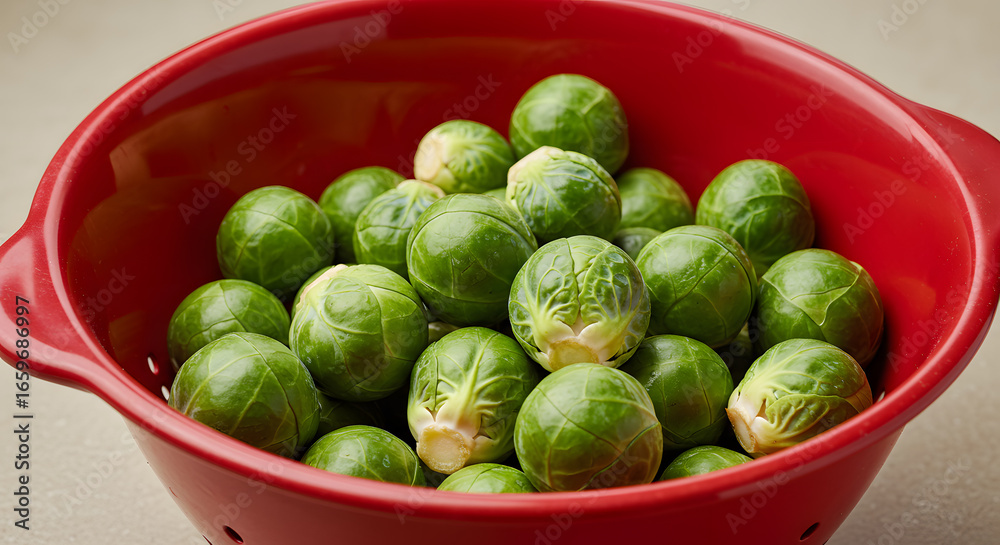 Fresh Brussels sprouts in a red colander – healthy vegetable preparation concept with vibrant colors Fresh Brussels sprouts in a red colander – healthy vegetable preparation concept with vibrant colors