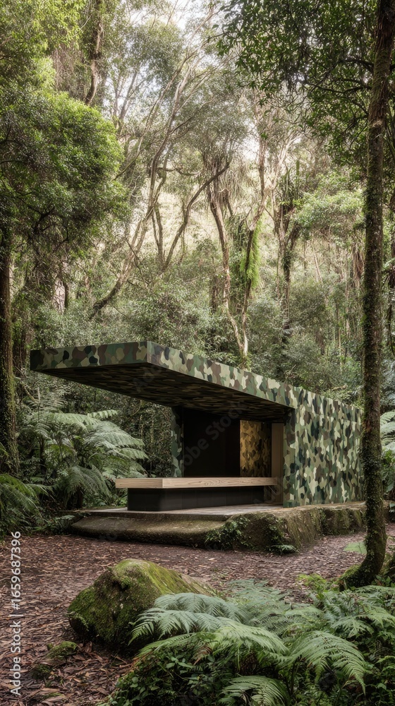 Camouflaged Shelter In Lush Forest Camouflaged Shelter In Lush Forest