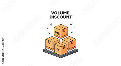 Illustration of volume discount with stacked boxes showing a 50% off tag, representing a sales promotion.