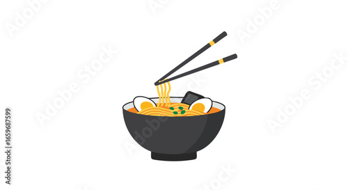 A cartoon illustration of a black bowl of ramen noodles with chopsticks, eggs, seaweed, and green onions.