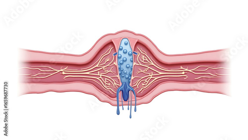 Anatomy & Physiology A detailed cross-section of the blood-brain barrier, isolated on white, showing endothelial cells, astrocytes, and tight junctions for (1)