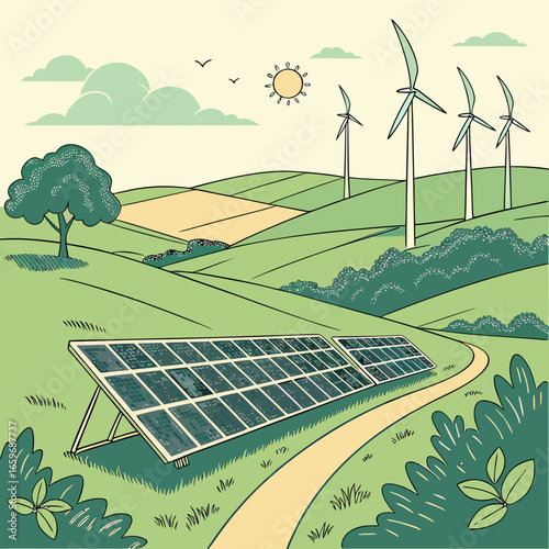 Solar panels and wind turbines in a green landscape, clean energy generation