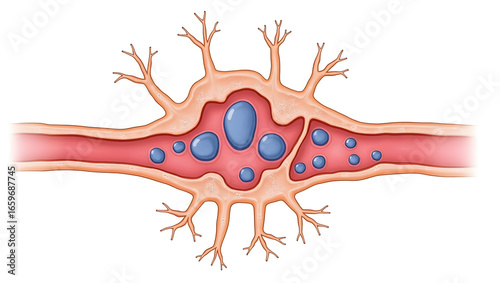 Anatomy & Physiology A detailed cross-section of the blood-brain barrier, isolated on white, showing endothelial cells, astrocytes, and tight junctions for (4)