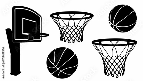 Basketball Equipment Set: Hoops, Nets & Balls Black Silhouettes