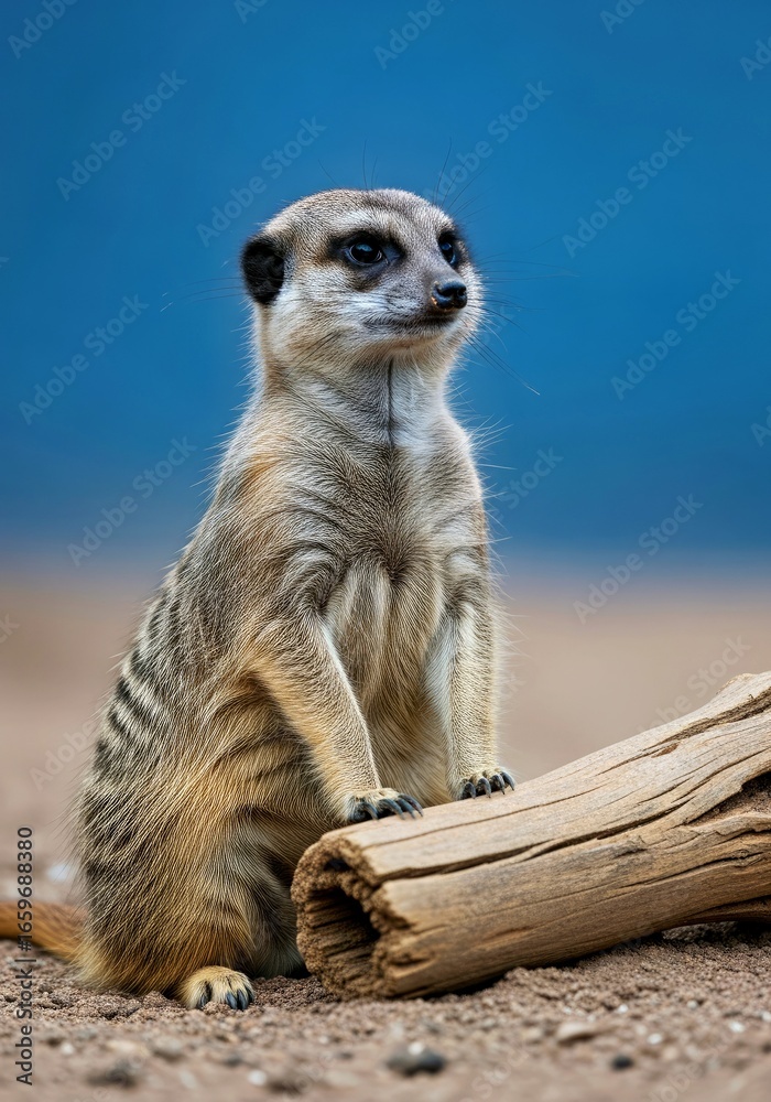 Fototapeta premium Vulnerable Meerkat Dynamic Action Shot Blue Hour Light Environmental Portrait Detail