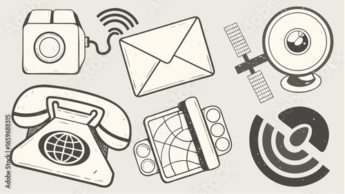 Illustration showing communication devices including a phone, satellite, and other technology icons silhouette