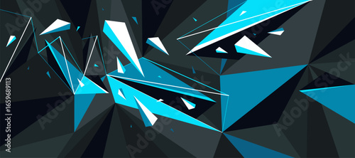 Order and chaos vector abstract background, 3D dark black and bright blue low poly polygonal surface with decay broken particles debris in motion.