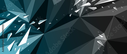 Low poly dark vector abstract background with dynamic particles in chaos, broken debris explosion mess polygonal abstraction, 3D structure dynamism.