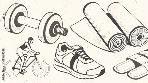Illustration of fitness equipment including dumbbell, yoga mat, bicycle, shoe and pair of flip flops silhouette
