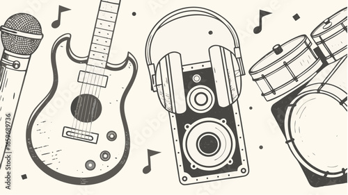 Illustration of musical instruments including a microphone guitar headphones and a drum set with music notes silhouette