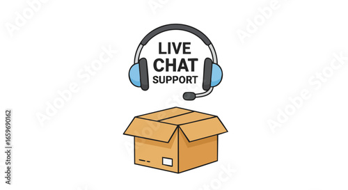 Live chat support headphones with microphone above a brown cardboard delivery box.